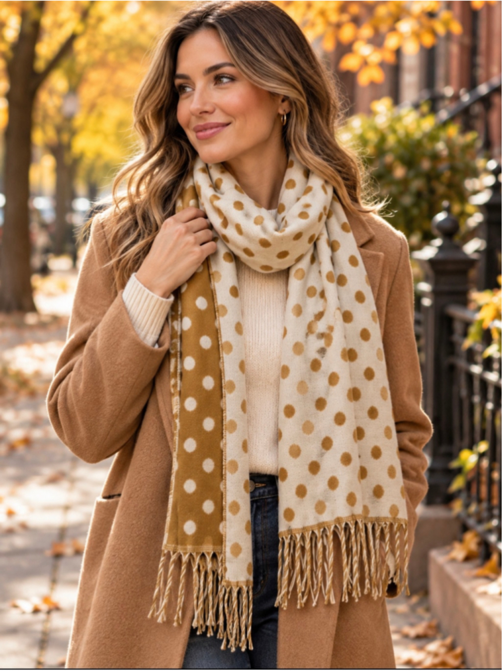 Croft & Barrow Polka Dot Scarf Tan Camel Cream Reversible Fringe Made in Germany